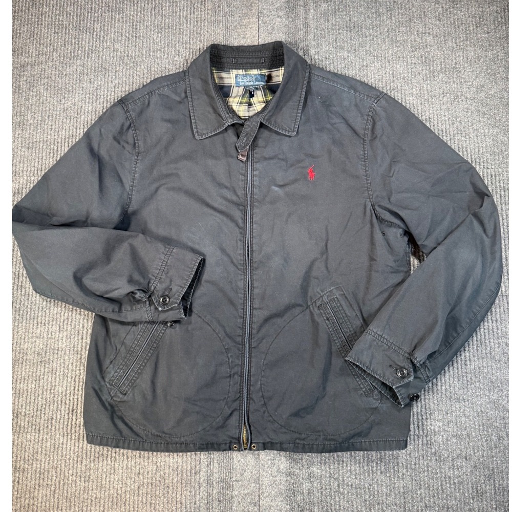 Vintage 90s Polo Ralph Lauren Mens Harrington Jacket Large Black Plaid Lined Zip